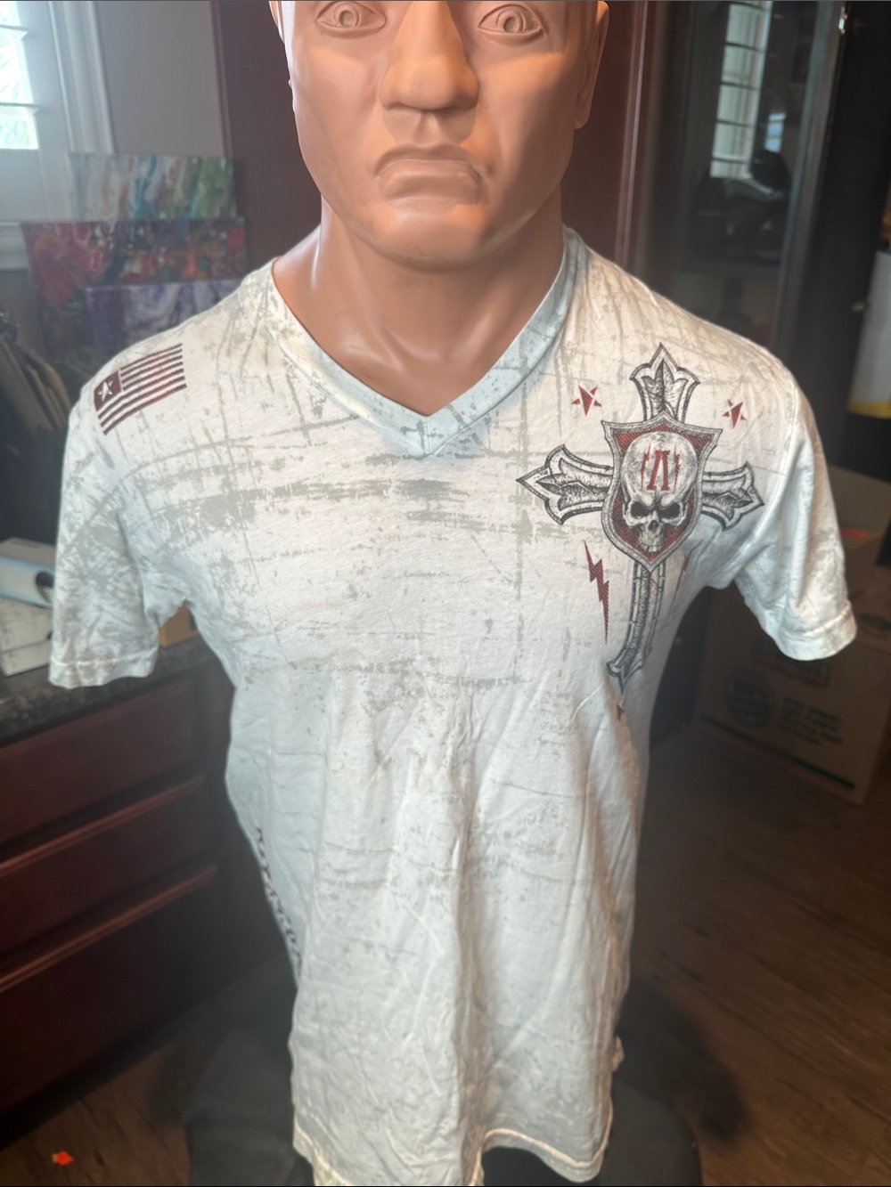 Affliction White V-Neck Tee with Distressed Skull Cross Graphic